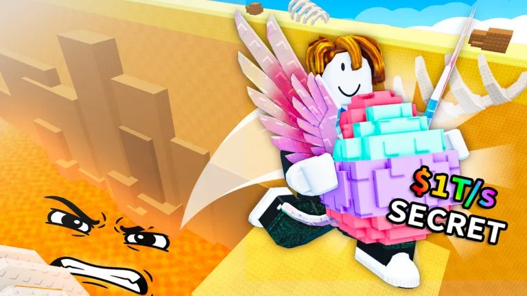 Official Roblox thumbnail of a player carrying a colorful block creature beside orange lava